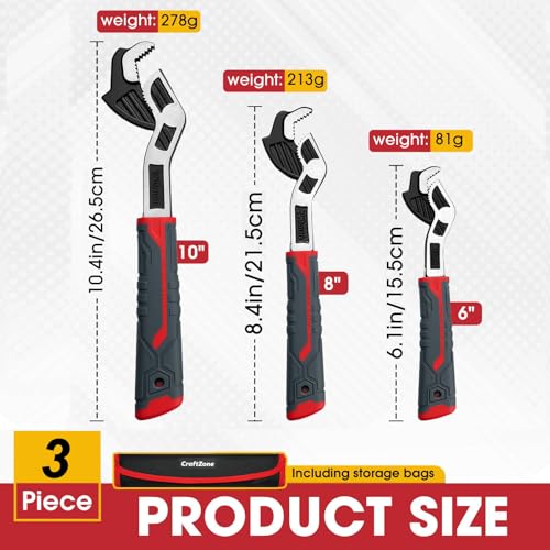 Self Adjusting Pipe Wrench, 6”8”10” Self Locking Wrench Set with Forged Double Threaded Jaws for Pipes Nuts Bolts and Plumbing Repair