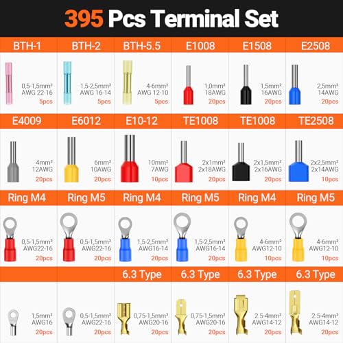 Preciva 6 PCS Crimping Tool Set with 395 PCS Connectors, Ratcheting Wire Crimper Tool for Heat Shrink,Insulated Connectors,Open Barrel,Circlip Terminals,Tube Terminals,Solar - size: 395