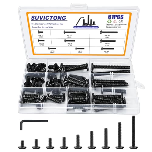 61Pcs M6 Flat Head Hex Socket Cap Screws Assortment Kit, M6 x 12mm/15mm/20mm/25mm/30mm/35mm/40mm/50mm/60mm Socket Cap Bolts,304 Stainless Steel 18-8, Full Thread, Black Oxide with Hex Spanner - size: M6