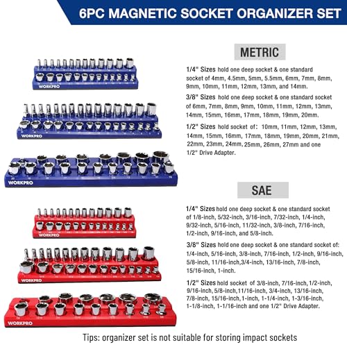 WORKPRO Magnetic Socket Organizer Set, 6-Piece Metric SAE Socket Holder Set - size: 6 Pieces-1/4", 3/8", & 1/2" DR, SAE & Metric