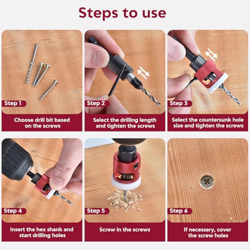 Countersink Drill Bit Set - 5 Pcs Countersink Drill Bit with Low Friction Depth Stop, Replaceable HSS M2 Tapered Bits, Carbide Drill Bits 1/4” Hex Shank for Woodworking Tools & Hand Tools - color: Red