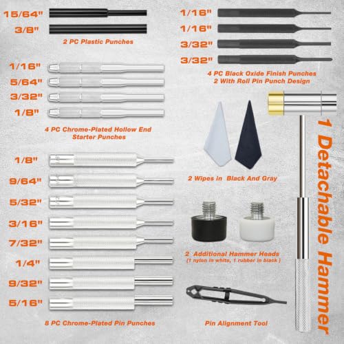 BESTNULE 24pc Punch Set and Hammer, Roll Pin Punch Set & Tweezers & Wipes - size: 24-piece set