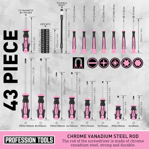 Magnetic Screwdrivers Set with Case, Amartisan 43-piece Includs Slotted, Phillips, Hex, Pozidriv,Torx and Precision Screwdriver Set, Magnetizer Demagnetizer Tools, Tools for Men (Pink)) - style: 43-piece Screwdrivers Set (Pink)