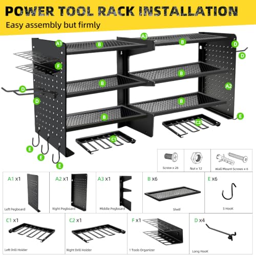 Power Tool Organizer Wall Mount, 4 Tier Heavy Duty Tool Storage Rack