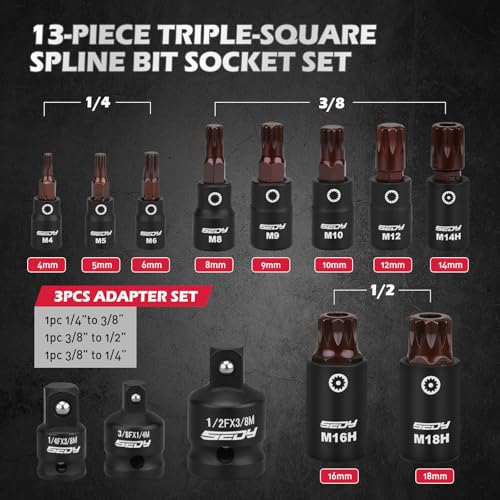Triple-Square Spline Bit Socket Set: 13-Piece Socket Set with Magnetic Socket Rail Organizer, 1/4,3/8,1/2-inch Drive M4-M18 12 Point Bit Socket Set for Garages Workshops - color: 13pcs Triple Square M4–m18 +Mag Rail