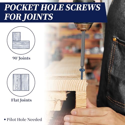 Pocket Hole Screws #8 x 1-1/2", Goobetter Pocket Screws 1-1/2 Inch 600 Pcs for Exterior, Washer Head with Square Drive, Coarse Thread, Blue Coated, Self Tapping, 100MM Drive Bit Included - size: #8 x 1-1/2"
