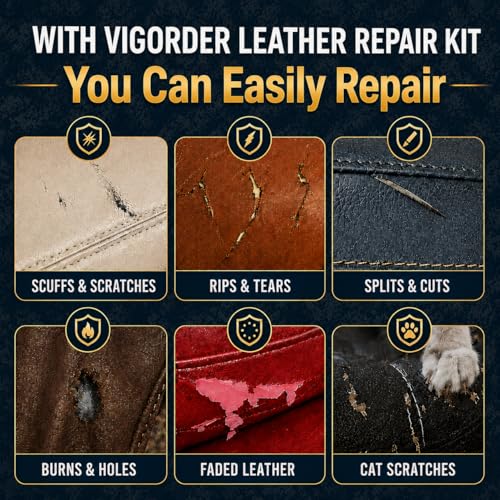 Vigorder Leather Repair Kit for Furniture, Vinyl Repair Kit for Car Interior, Sofa, Purse and Jacket, Restore Any Material with Super Easy Instructions to Fix Scratches, Tears, Holes, Peeling