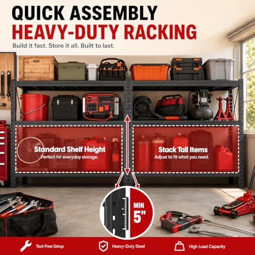 67" W Heavy Duty Garage Shelving, 6000 LBS Metal Storage Shelves with Anti-Fall Rails, 3-Tier Adjustable Storage Rack for Garage, Warehouse, Basement