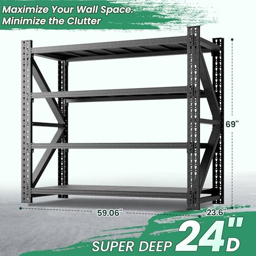 4-Tier Heavy Duty Garage Shelving，Industrial Shelving for Home & Shop,Garage Storage Racks Heavy Duty Steel Shelves,Large Capacity Metal Rack for Garage,Basement,Pantry,Workshop - color: Black, size: 24"D*60"W*69"H