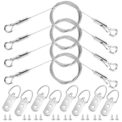 Picture Hanging Wire Kit, Adjustable Stainless Steel Frame Wire 2m X 1.5mm, Heavy Duty 90lbs, Picture Hangers with 16pcs Screws and 8pcs Hole D Rings, for Canvas Paintings/ Mirrors/ Frames
