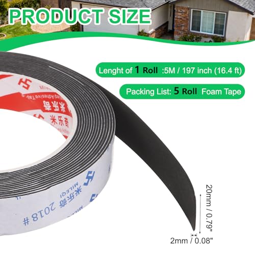 PATIKIL 5Roll Sponge Rubber Foam Tape, 25/32" W x 5/64" t x 16.4ft l Self-Adhesive Foam Insulation Tape Weather Stripping for Window Door Soundproofing Weatherstrip AC Seal Strip, Black - size: 25/32" x 5/64" x 16.4ft