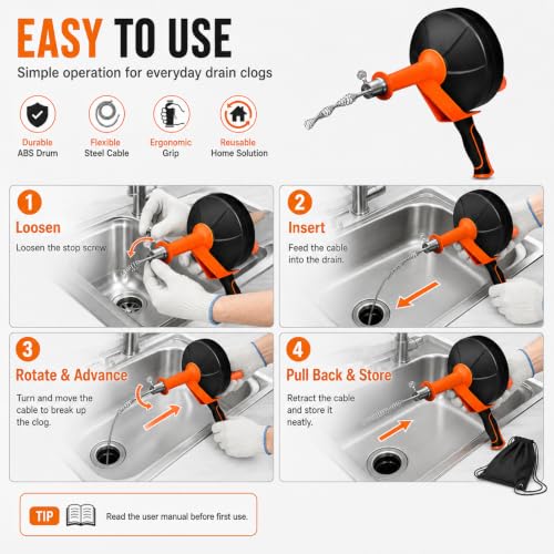 25FT Drain Auger with Drill Adapter, Plumbing Snake Clog Remover for Sinks