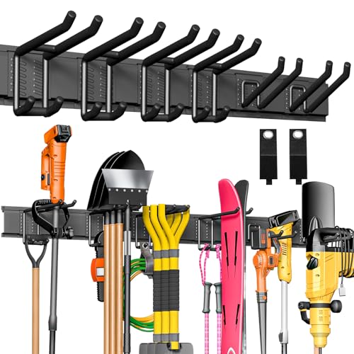Garage Tool Organizer Wall Mount, 48" Heavy-Duty Metal Wall Organizer, 3 Rails with 6 Adjustable Hooks, Garden Storage Rack for Organization Sturdy Tool Hanging Holder for Shovel Shed Yard - size: 48" 3 panels & 6 hooks
