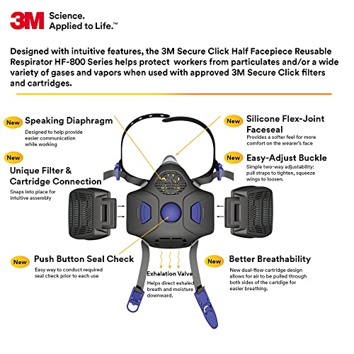 3M Reusable Respirator HF-802SD, Secure Click Half Face Respirator, Medium - style: Medium