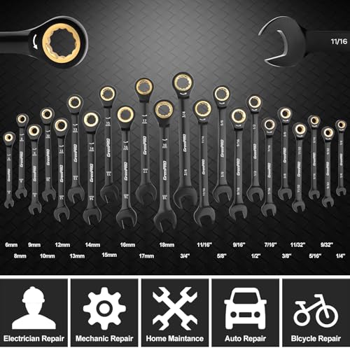 GRENPRO 23PCS Ratcheting Combination Wrench Set SAE Metric Mechanic Tools - style: 23PCS Ratcheting Wrench Set (Metric&SAE)