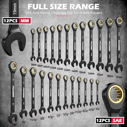 Premium 24-Piece Ratcheting Wrench Set, SAE(1/4-7/8") & Metric(8–19mm) Combination Wrenches, 72-Tooth CR-V Steel with Durable Black Finish, Ratchet Spanners with Roll-Up Tool Pouch for Repair - color: 24-pc Ratcheting (Black Finish)