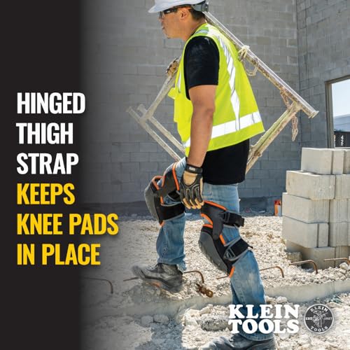 Klein Tools 60491 Hinged Knee Pads, Heavy Duty Gel Foam Protective Knee Pads with Quick-Fasten Buckle and Thigh Strap, Black - size: Standard