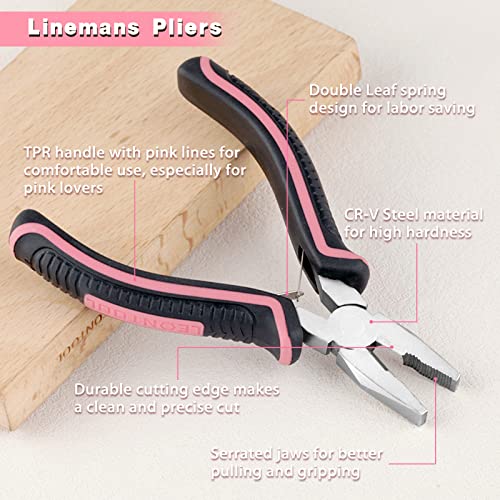 Mini Linemans Pliers Spring Loaded 5 Inches Wire Cutter with Serrated Jaw Chromium Vanadium Steel Construction Mini Combination Pliers for Jewelry Making, Pink Tool for Women - style: Linemans Pliers