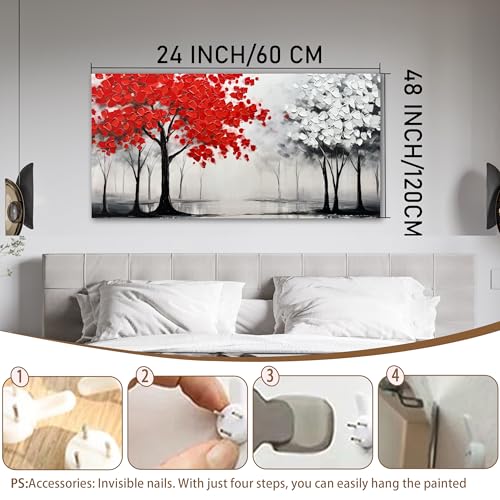 AUUZAIUA Large Canvas Wall Art Red and White Misty Forest Painting 24"x48" - size: 24"L x 48"W