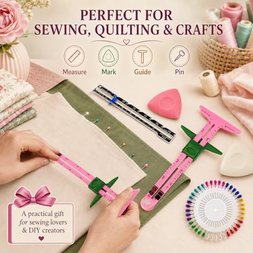Sewing Gauge Measuring Tool Set, 5-in-1 Sliding Marker & Seam Gauge Ruler | Acrylic T-Shaped Quilting Ruler Set, Essential Sewing & Quilting Tools for Hemming, Buttonhole Marking & Crafting 5Pcs Pink - color: Pink