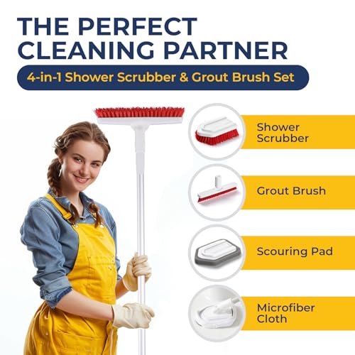 Shower Scrubber with Long Handle, Stiff Bristles Grout-Brush, Tub Scrub-Brush with Long-Handle, Shower-Cleaner Brush - color: White