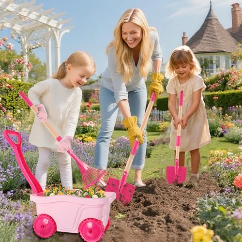 Duckura Kids Gardening Set with Wheelbarrow, Metal Garden Tools for Girls | Shovel, Rake, Lawn Digging & Weeding Kits toys, Outdoor Yard Birthday Gift Toy for Age 2 3+ years old - color: Pink-8pcs