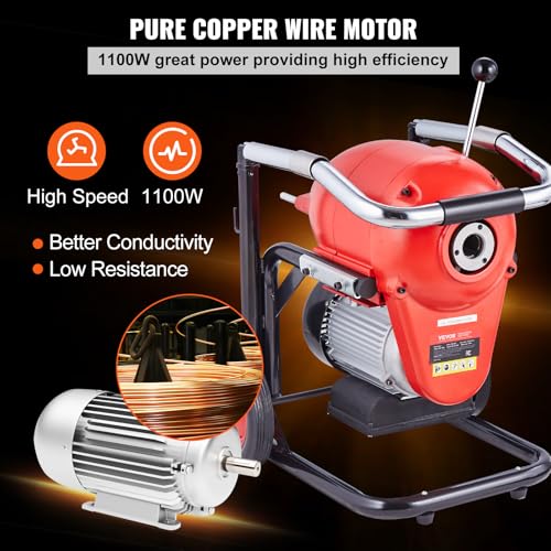 VEVOR Drain Cleaner Machine 120FT x 6/5 Inch, 1100W Electric Sewer Snake Auger Manual Feed - with 6 Cutters and CW/CCW Control for 4" to 8" Pipes - style: 120Ft x 6/5Inch & 6 Cutters