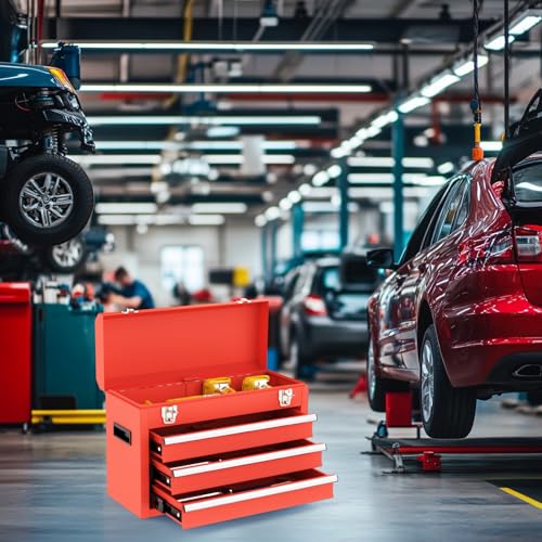 3 Drawer Metal Tool Box, Portable Metal Tool Box with EVC Liners and Latches Closure, Heavy Duty Steel Tool Chest with Ball Bearing Opening and Powder Coated Finish, Red - color: Red