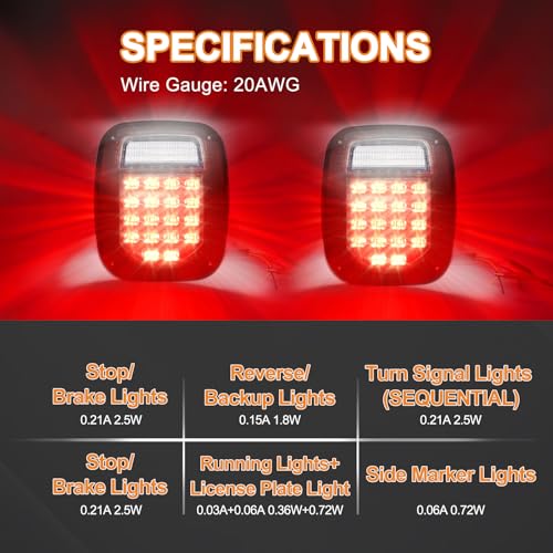 38 LED Black Lens Tail Lights for Jeep Wrangler YJ TJ CJ, Truck, Trailer, Boat, RV - Brake, Turn, Stop, License, Reverse, 12V Stud Mounted, Waterproof, Pack of 2