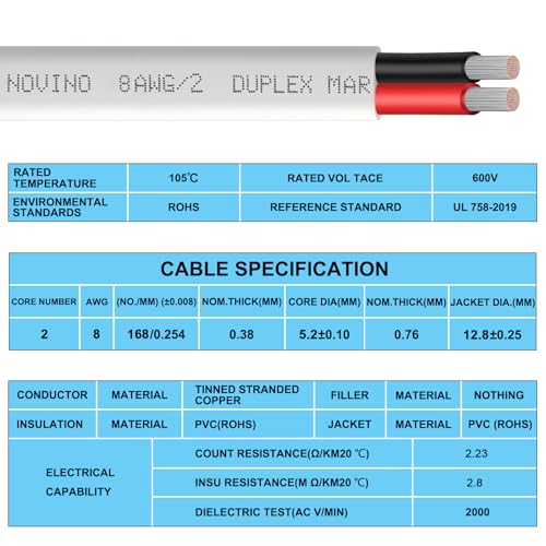 8 Gauge Marine Wire,8 AWG 50ft Duplex Marine Grade Wire,8/2 Gauge Cable | Tinned Copper Oxygen-Free Waterproof Corrosion Resistant Flexible Electrical Cable for Boat/Automotive/RV/Camper/Trailer - size: 50 ft, style: 8 gauge