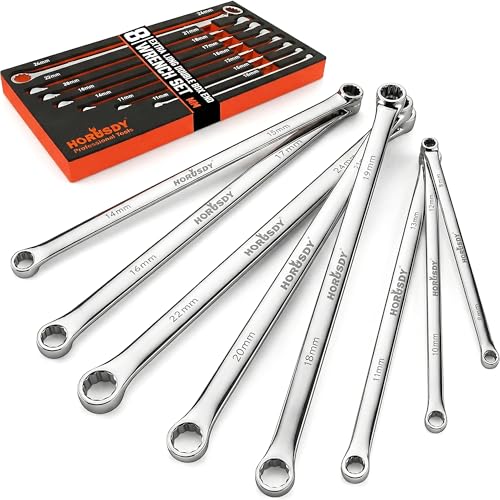 HORUSDY 8-Piece Extra Long Double Box-End Wrench Set, 12-Point Metric 8–24 mm, CR-V Steel, 15° Offset, Off-Corner Loading, with EVA Foam Organizer - style: 8pcs Metric Extra Long Wrench Set