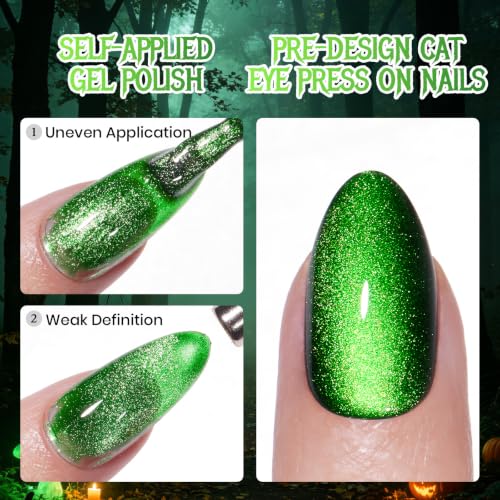 Beetles Halloween Press On Nails, Green Cat Eye Short Almond, 32 Pieces - color: 3B - Midnight Moss - S