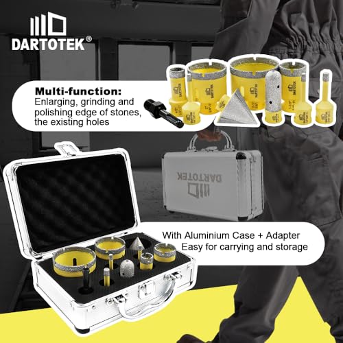 Diamond Core Drill Bits Set for Tile, DARTOTEK 10PCS Porcelain Hole Saw Kit with Aluminum Case, (6/6/8/20/35/50/65mm+2" Chamfer bit +SDS Adapter, Dry/Wet Drilling for Ceramic, Granite & Marble - size: set1