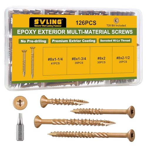 Deck Screws 126PCS, #8 Wood Screws Assortment Kit, Exterior Epoxy Coated Brown Finish,Star Drive (1-1/4",1-3/4",2",2-1/2"),T20 Star Bit - size: #8 Kit