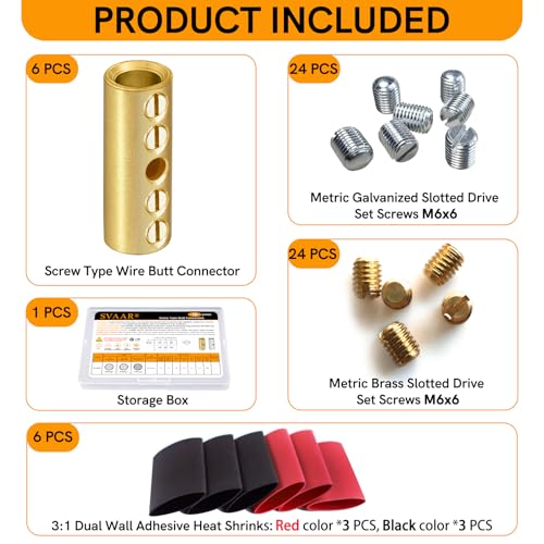 2 Gauge Wire Butt Connectors 6 PCS Brass Mechanical Butt Splice Connectors Kit 2 AWG Mechanical Repair Splice Kit Splice Screw Sleeves 6 PCS Mechanical Splices & 3:1 Heat Shrink Tubes - color: Bare Brass