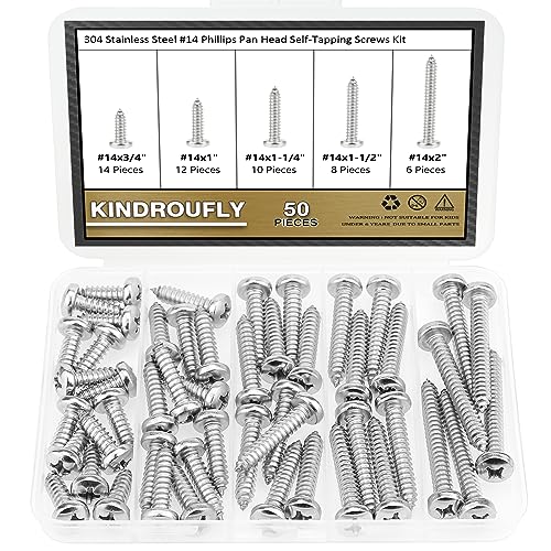 50 Pieces #14 x 3/4" 1" 1-1/4" 1-1/2" 2" Phillips Pan Head Self-Tapping Screws, Wood Screws Assortment Kit, 304 Stainless Steel - size: #14