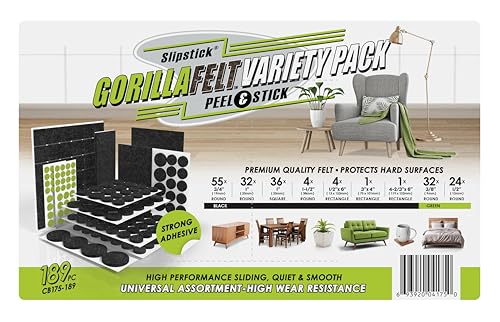 Slipstick Gorilla Felt Furniture Pads (189 Piece Variety Pack) Premium Furniture Pads & Chair Leg Floor Protectors for Hardwood Floors & Hard Surfaces - size: 189 Piece Variety Pack