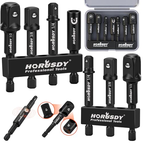 7-Piece High Torque Impact Socket Adapter & Magnetic Bit Holder Set, 1/4" Hex Shank Drill Socket Adapter to 1/2" 3/8" 1/4" Drive, Magnetic Bit Holder for Impact Driver & Drill, With Organizer Rack - color: 7 Pcs Black Magnetic Bit Holder