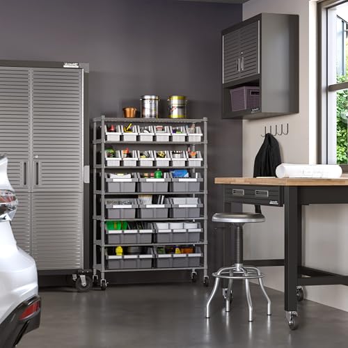 7-Tier NSF 22-Bin Steel Wire Shelving Rack, 36"W x 14"D x 56"H, Gray | 22 slide-out bins with tilt-lock design keep supplies organized and accessible - color: Gray, size: 22 Bin