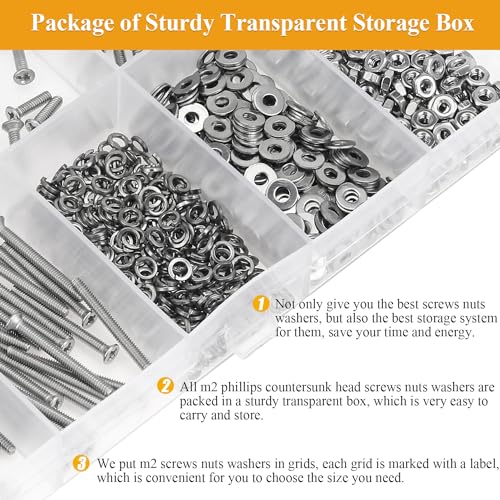 565 Pieces M2 Machine Screws Nuts Washers Set, Sutemribor M2 x 4/6/8/10/12/16/20mm Phillips Countersunk Head Machine Screws Nuts Washers Assortment Kit, 304 Stainless Steel, Fully Threaded - size: M2, style: Phillips Countersunk Head