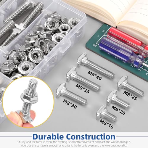 Glarks 120pcs M8 T Slot Drop-in Bolt with Hexagon Flange Nut Set, 16/20/25/30/35/40MM Hammer Head T-Bolt, T Shape Stud Sliding Screw Assortment Kit - size: M8