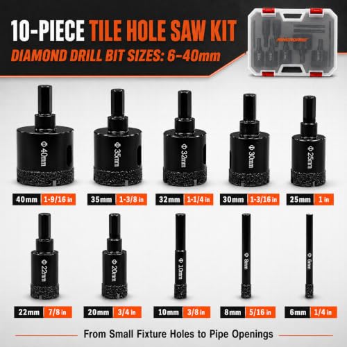 Diamond Hole Saw Kit, 10-Piece 6-40mm Tile Drill Bits for Ceramic