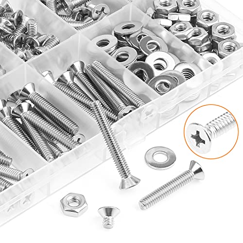 HELIFOUNER 200 Pieces #8-32 Phillips Countersunk Head Machine Screws Nuts Washers Assortment Kit, Coarse Thread, Fully Machine Threaded, 304 Stainless Steel - size: #8-32