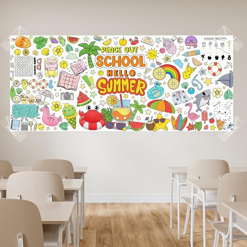 Jumbo End of School Year Coloring Activity Poster - Summer Fun Games DIY Drawing Color-in Paper 55.1 x 23.6 Inch Blank Doodle Art Banner, Home School Educational Event Party Supplies - style: End of School Year (including mini-games)