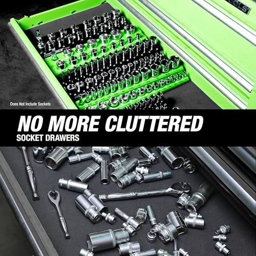 OEMTOOLS 6-Pc Metric & SAE Magnetic Socket Tray Set Holds 143 Sockets | Magnetic Socket Organizer Tray, Non-Marring Rubberized Base, Clearly Marked Sizes, 1/4, 3/8, 1/2 Inch Sockets - style: Black and Green