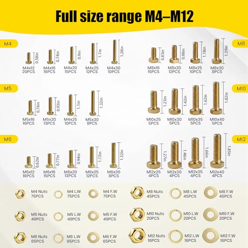 1075 Pcs Metric Bolts and Nuts Assortment Kit – Grade 8.8 | M4 M5 M6 M8 M10 M12 Hex Head Yellow Zinc Bolt Set with Nuts & Washers | 12-40mm Length with Heavy Duty Double-Sided Organizer