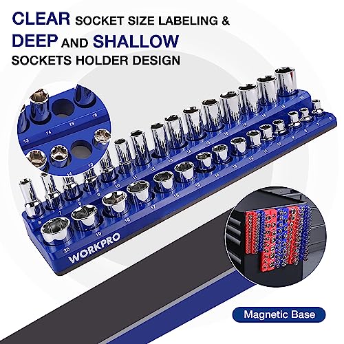 WORKPRO Magnetic Socket Organizer Set, 6-Piece Metric SAE Socket Holder Set - size: 6 Pieces-1/4", 3/8", & 1/2" DR, SAE & Metric