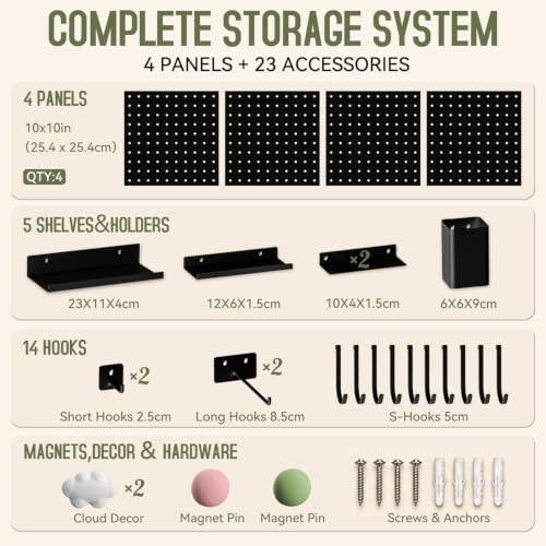Magnetic Metal Pegboard Wall Organizer Kit, 4 Pack 10 x 10 in Panels Black - color: Black, size: 10"×10" - 4 Pcs