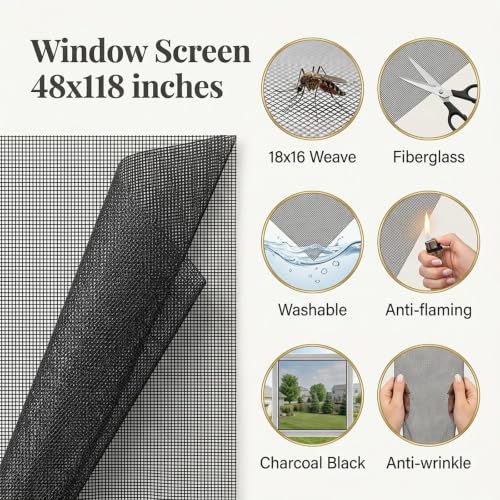 Window Screen Replacement Kit 48" x 118", Window Screen Repair Kit with Spline, Screen Door Mesh Replacement Kit with Roller Tool, Clips, Cutter, Measuring Tape for Window & Door Screen Repair,Black