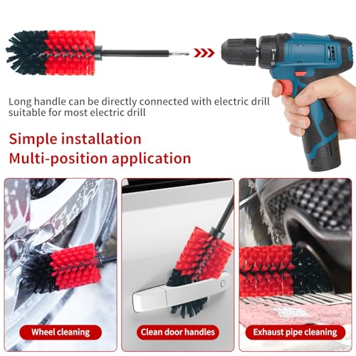 Wheel Brush, Soft Drill Wheel Cleaner Brush, Drill Brush for Car Wheel, No Scratches Highly Dense and Durable Car Wheel Brush Rim Tire Car Cleaning Brush for Wheels, Rims, Engines, Exhaust - color: Black+red